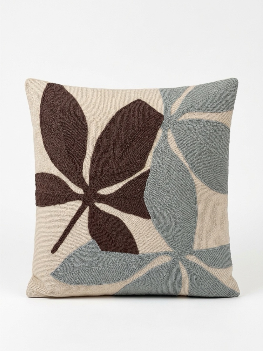 Judy Ross Chain Stitch Botanical Leaf Pillow Cover Cream Brown Blue 18x18